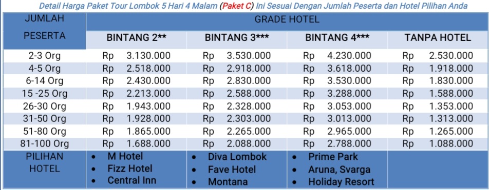 daftar harga paket wisata lombok 5 hari 4 malam